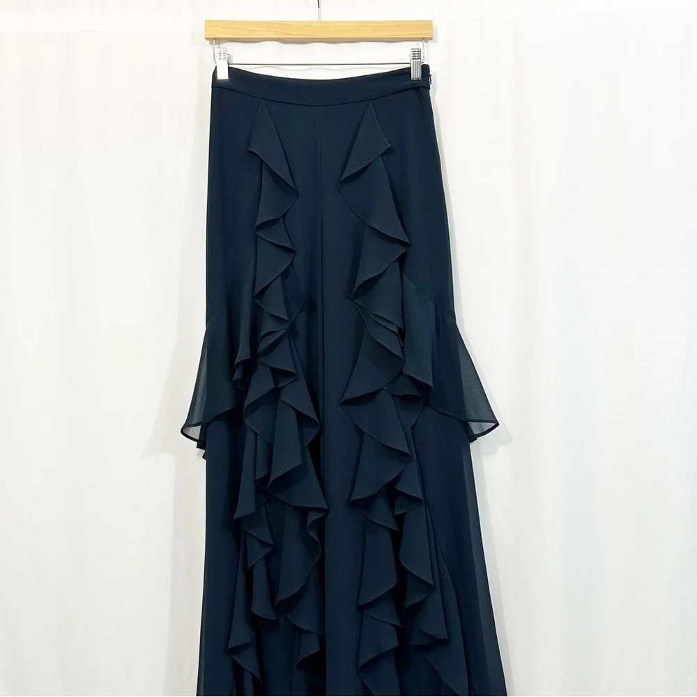 Badgley Mischka Cascading Ruffle Wide Leg High Waist Pants in Navy Blue - Picture 4 of 13